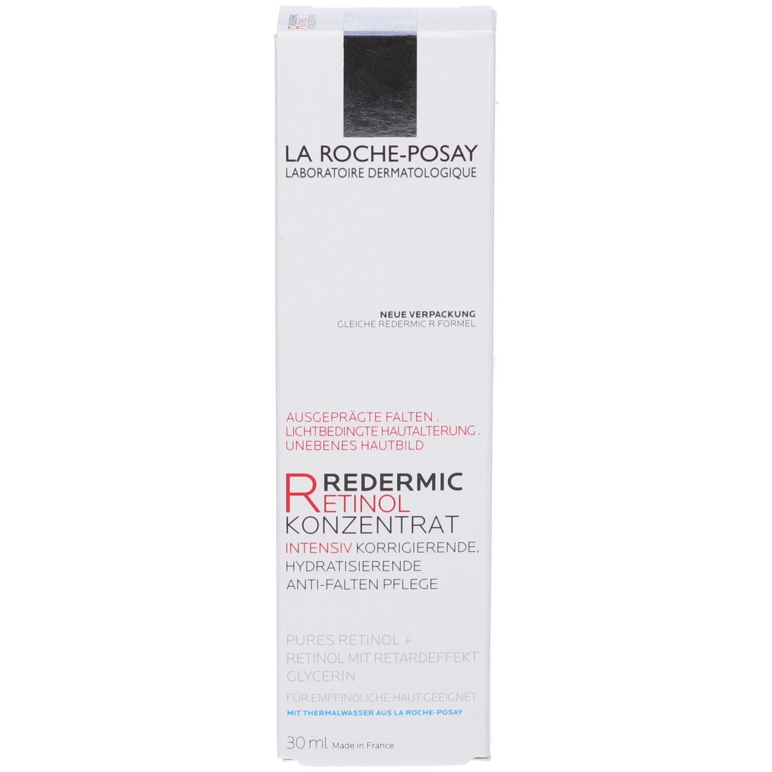 Verpackung. Aufschrift: La Roche-Posay, Redermic Retinol Konzentrat. Anti-Falten-Pflege.