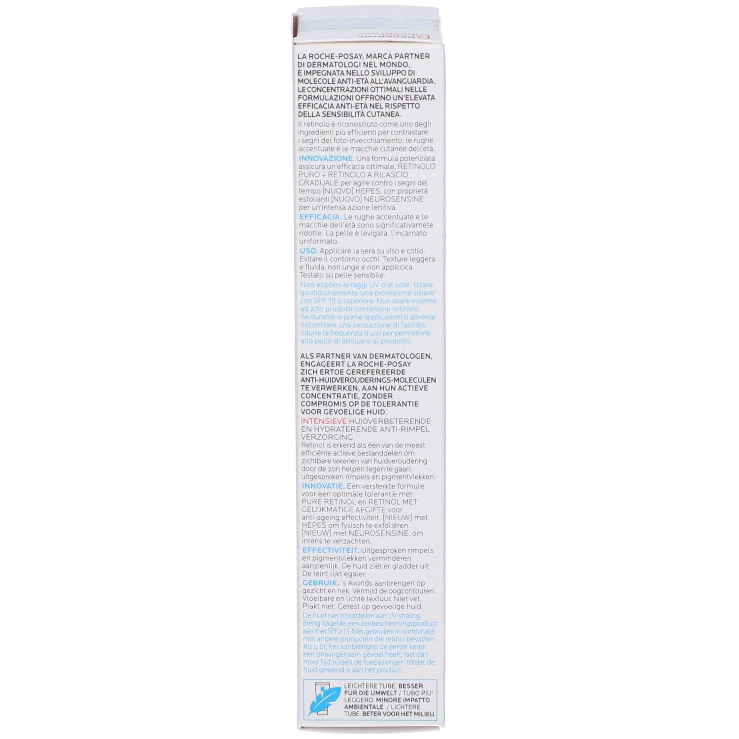 Verpackung. Aufschrift: La Roche-Posay, Redermic Retinol Konzentrat. Informationen und Warnhinweise.