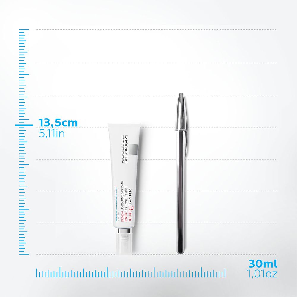 Tube und Stift neben Größenangaben. Aufschrift: La Roche-Posay Redermic R. Maße: 13,5 cm, 5,11 Zoll, 30 ml, 1,01 oz.