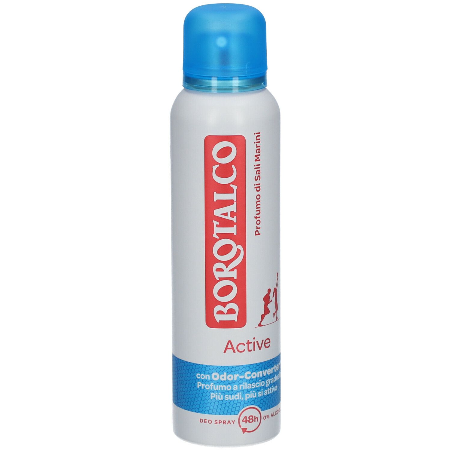 Deodorante spray bianco con tappo blu. Scritta rossa Borotalco, sotto Active. Dettagli blu e bianchi. 48h.