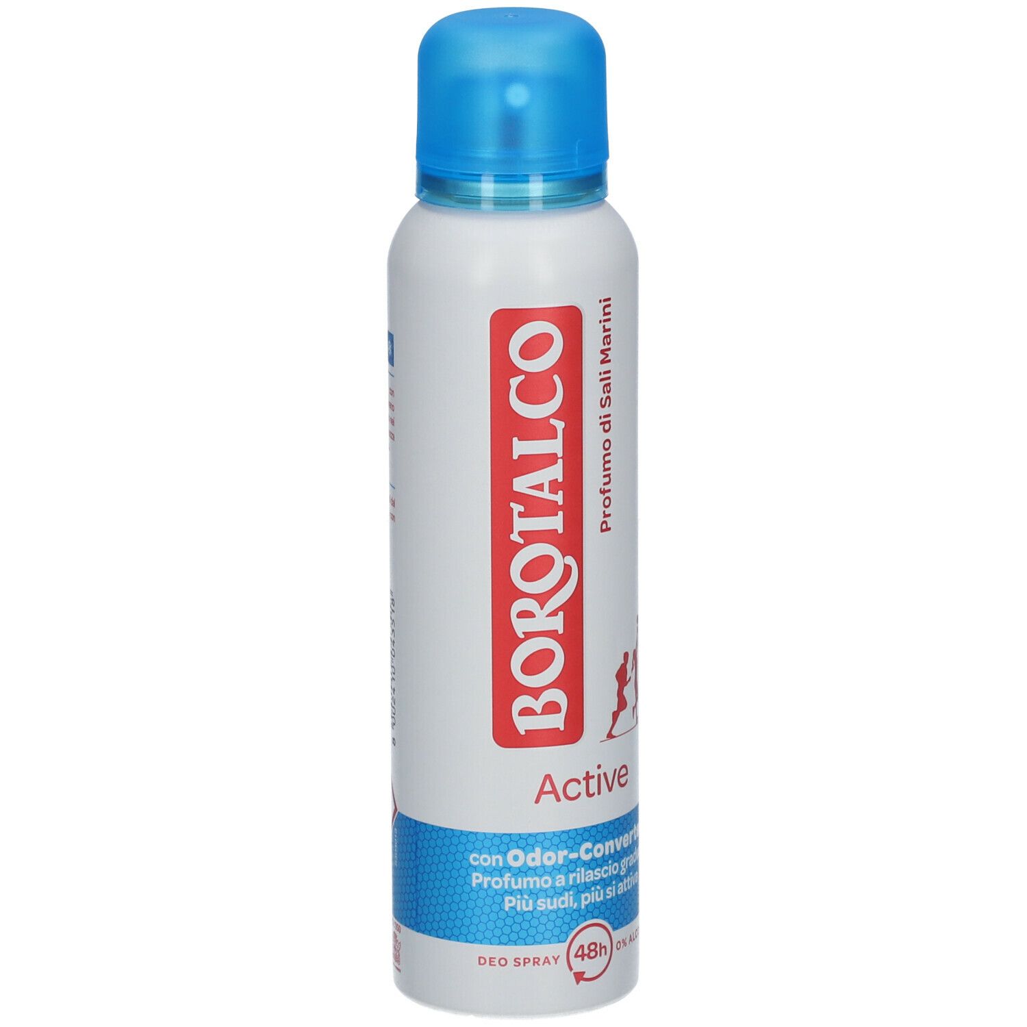 Deodorante spray bianco con tappo blu. Scritta rossa Borotalco, sotto Active. Dettagli blu e bianchi. 48h.