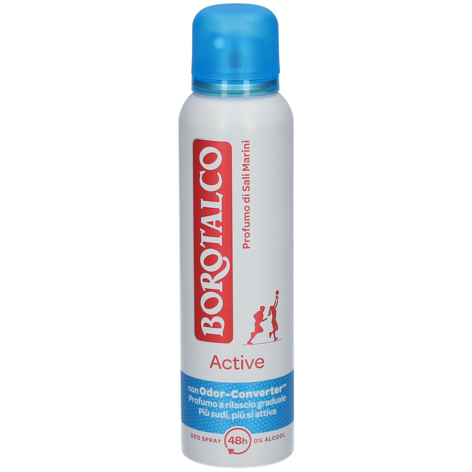 Deodorante spray bianco con tappo blu. Scritta rossa Borotalco, sotto Active. Dettagli blu e bianchi. 48h.