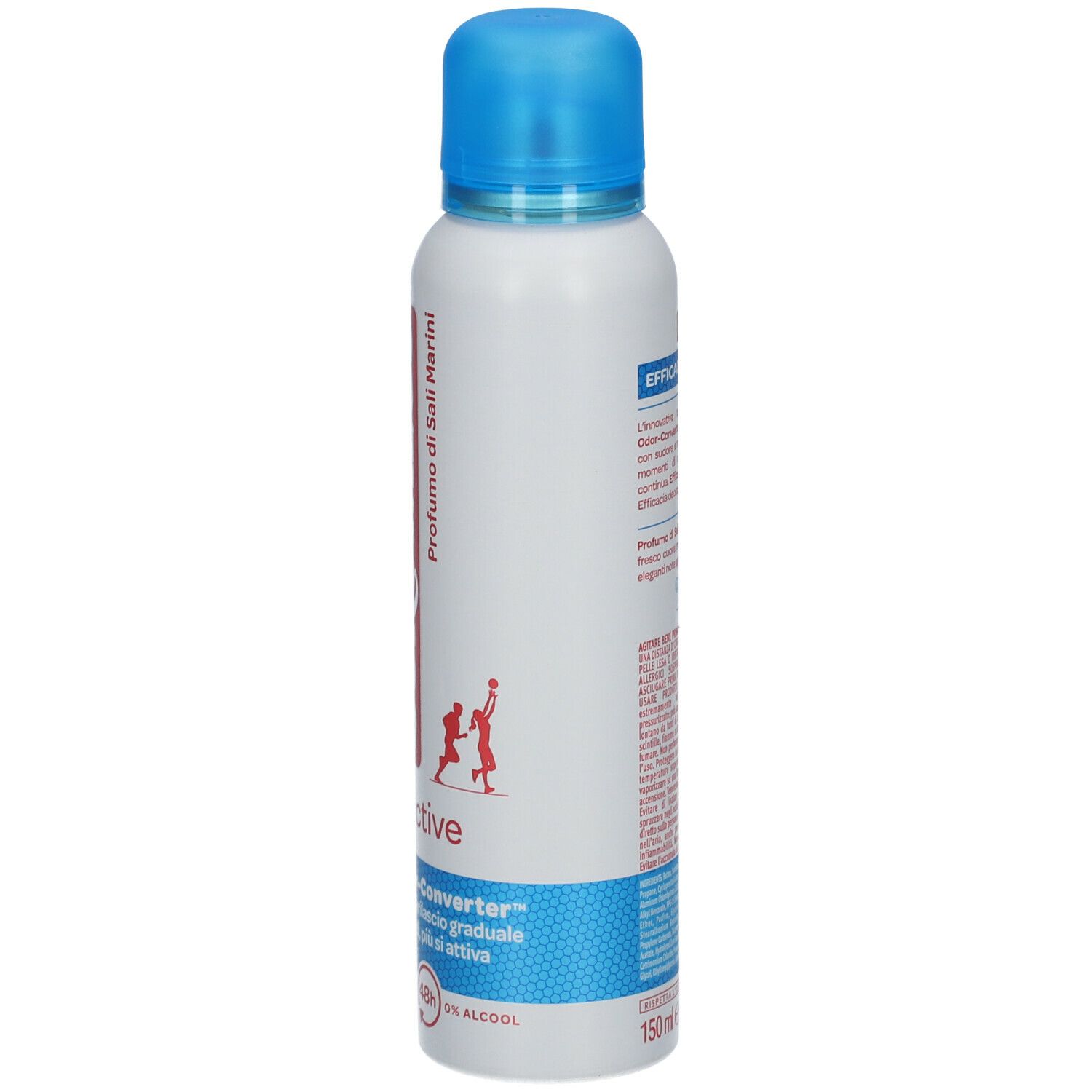 Retro del deodorante spray. Flacone bianco con dettagli blu e rossi. Testo e pittogrammi. Volume: 150 ml.