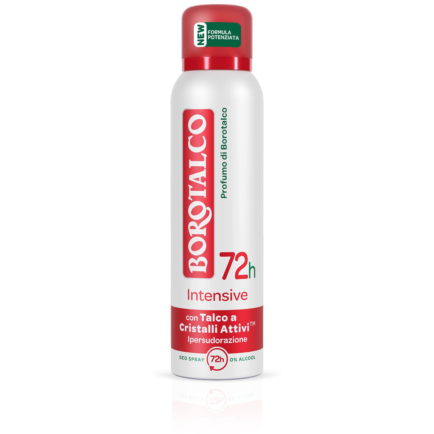 Spray deodorante bianco con tappo rosso. Scritta: Borotalco, 72h Intensive, con Talco a Cristalli Attivi. Nuovo.