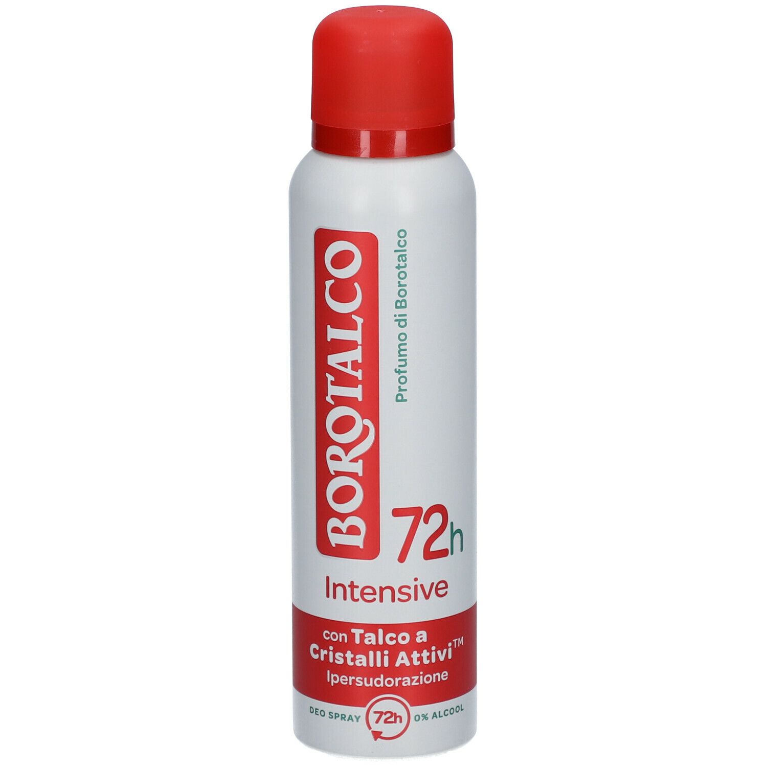 Spray deodorante bianco con tappo rosso. Scritta: Borotalco, 72h Intensive, con Talco a Cristalli Attivi.