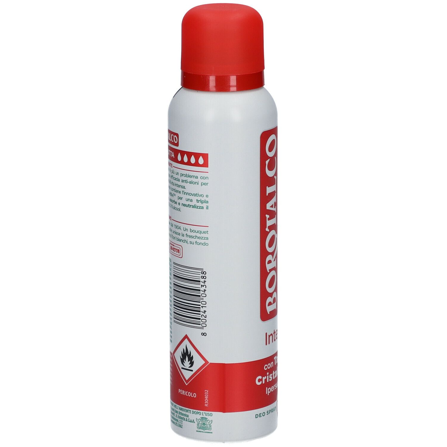 Retro di uno spray deodorante bianco con tappo rosso. Testo e pittogrammi.