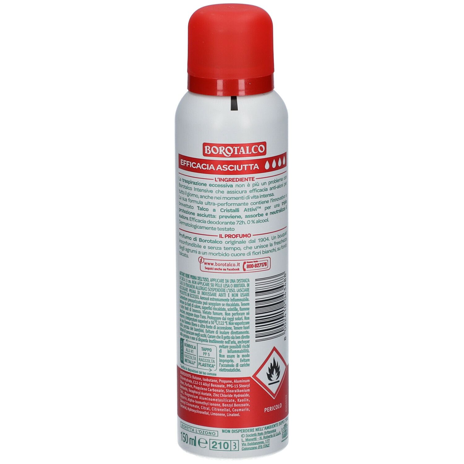 Retro di uno spray deodorante bianco con tappo rosso. Testo e pittogrammi.