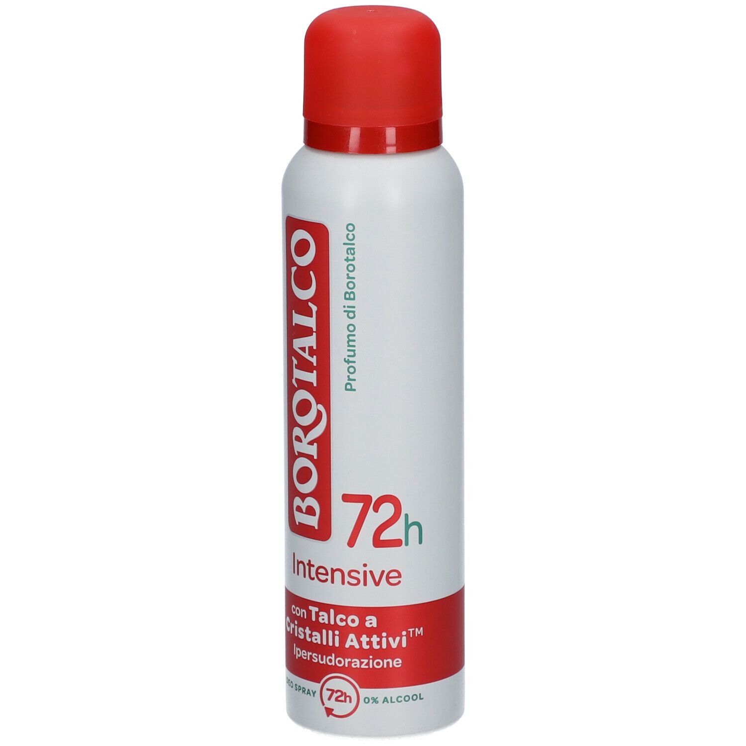 Spray deodorante bianco con tappo rosso. Scritta: Borotalco, 72h Intensive, con Talco a Cristalli Attivi.
