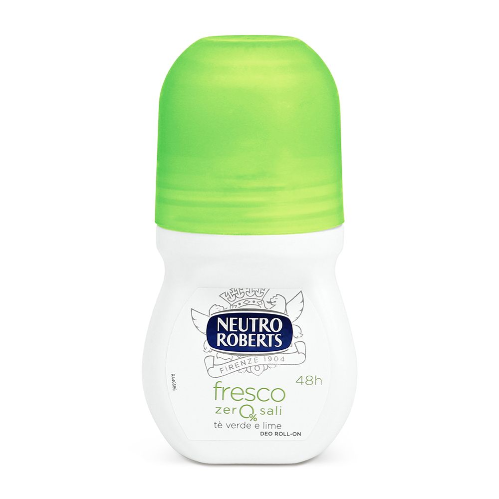 Deodorante roll-on bianco con tappo verde. Scritte: Neutro Roberts, fresco, zero sali, Tè verde e lime, 48h.