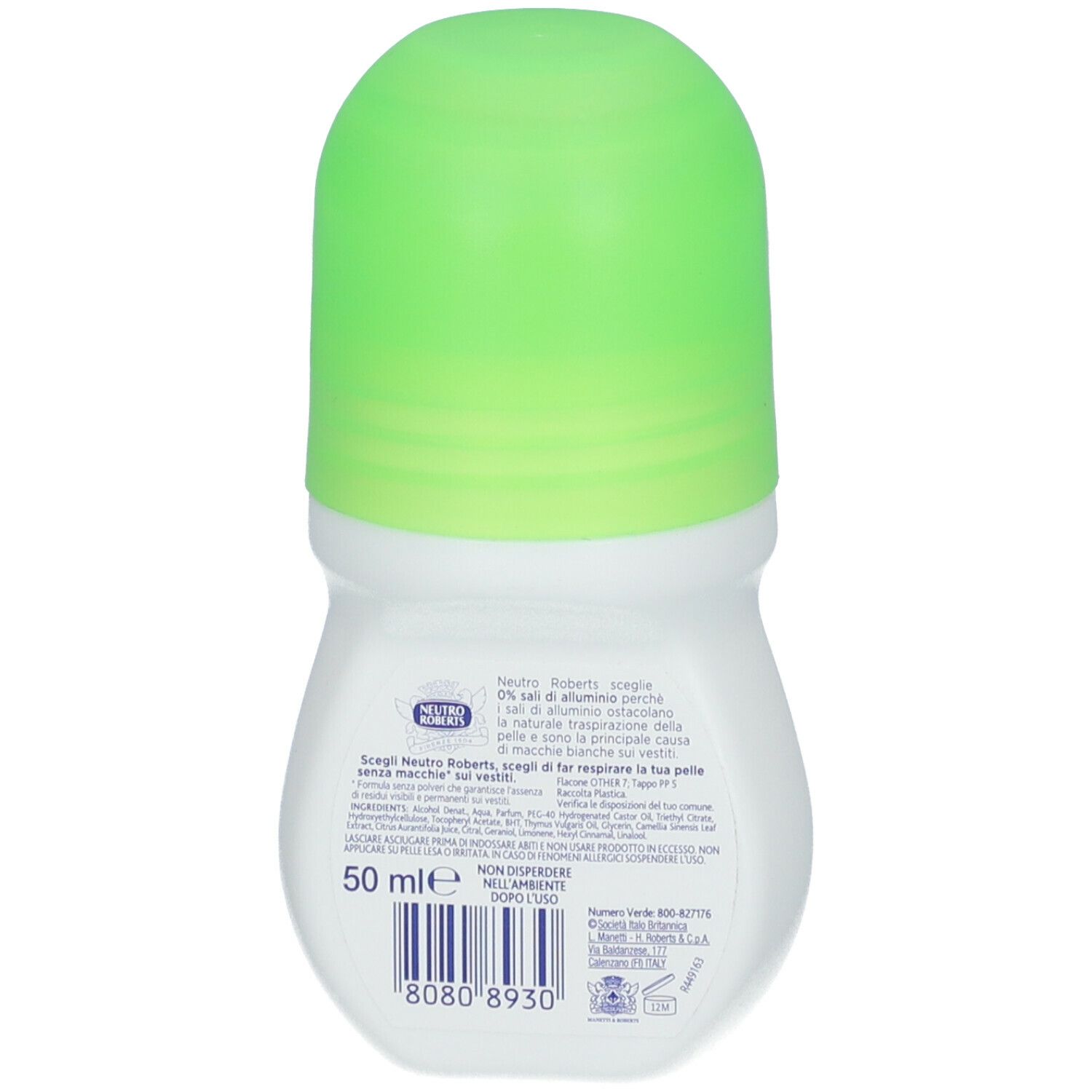 Retro del deodorante roll-on bianco con tappo verde. Scritta: Neutro Roberts, 50 ml.