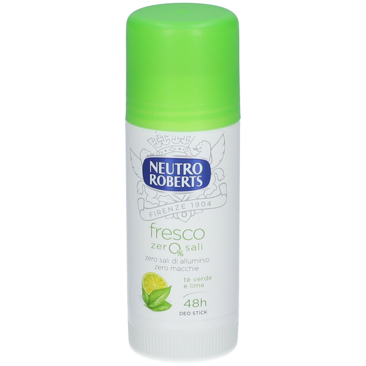 Stick deodorante con tappo verde. Scritta: Neutro Roberts, fresco, zero sali, 48h, tè e lime.