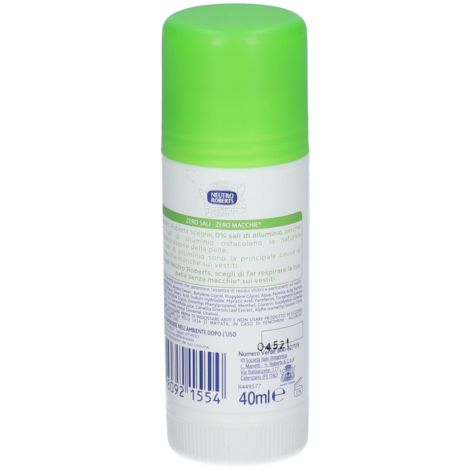 Stick deodorante con tappo verde. Scritta: Neutro Roberts, fresco, zero sali, 48h, tè e lime.