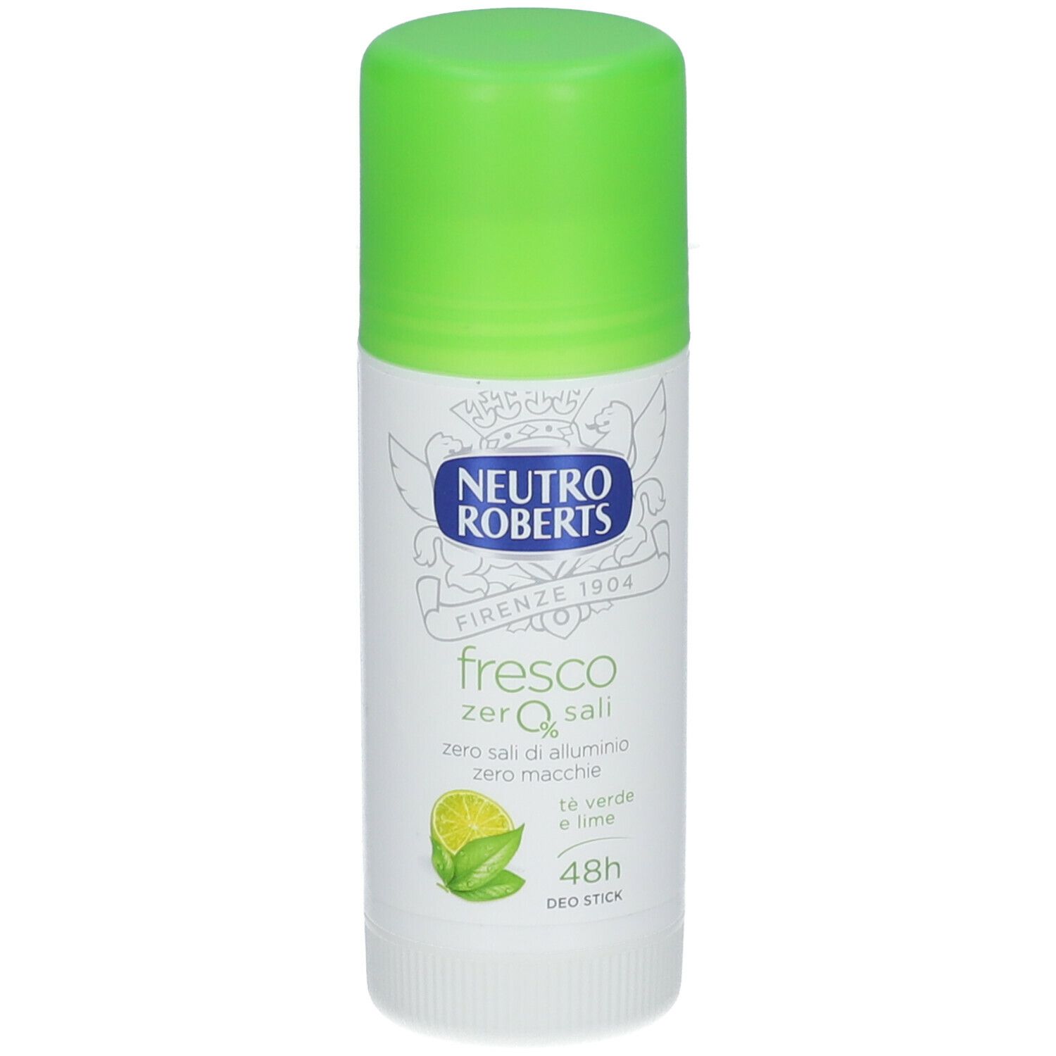 Stick deodorante con tappo verde. Scritta: Neutro Roberts, fresco, zero sali, 48h, tè e lime.