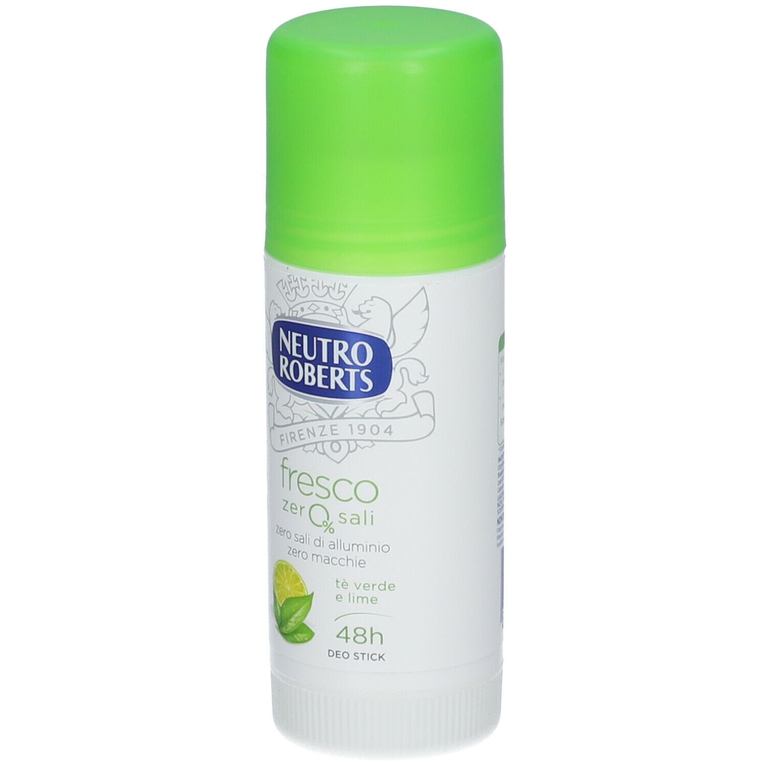 Stick deodorante con tappo verde. Scritta: Neutro Roberts, fresco, zero sali, 48h, tè e lime.