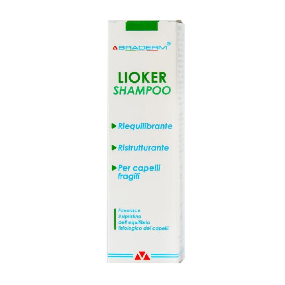 Scatola bianca, coperchio verde. Scritto: Lioker Shampoo. Testo in italiano.