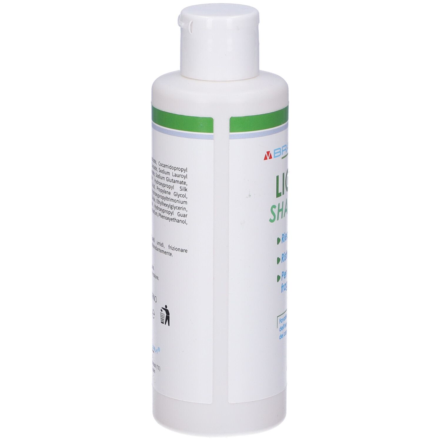 Flacone bianco, tappo bianco. Strisce verdi. Scritta e testo in italiano.