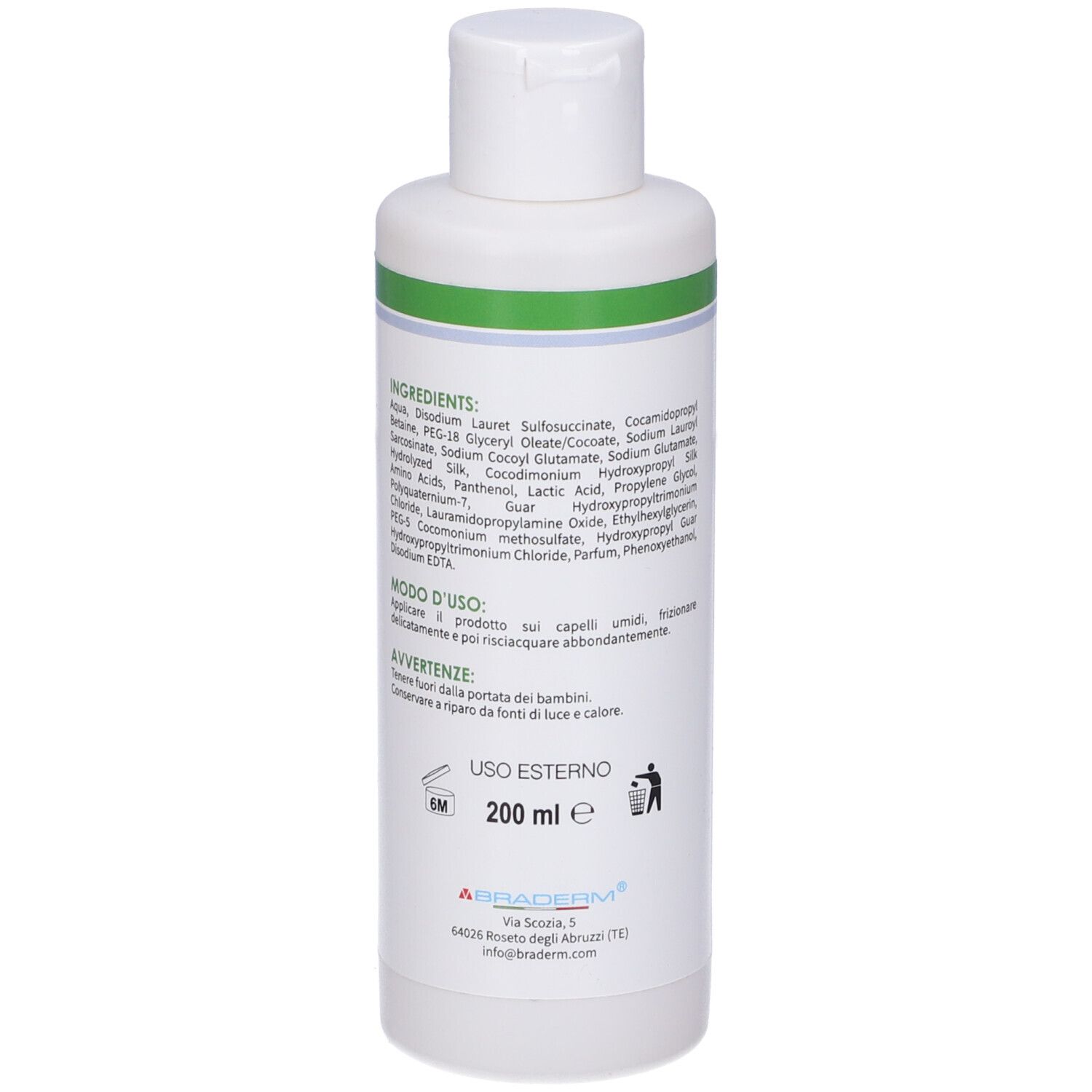 Flacone bianco, tappo bianco. Strisce verdi. Testo in italiano. Elenco ingredienti.