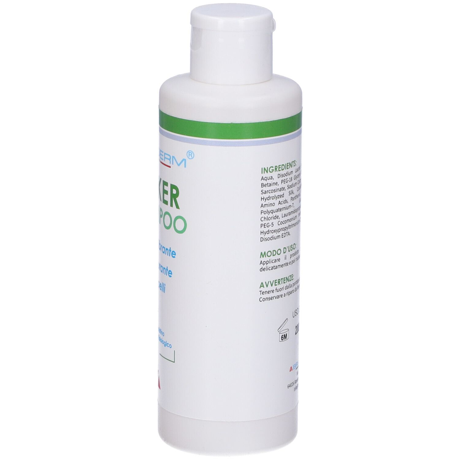 Flacone bianco, tappo bianco. Strisce verdi. Testo in italiano. Modo d'uso.