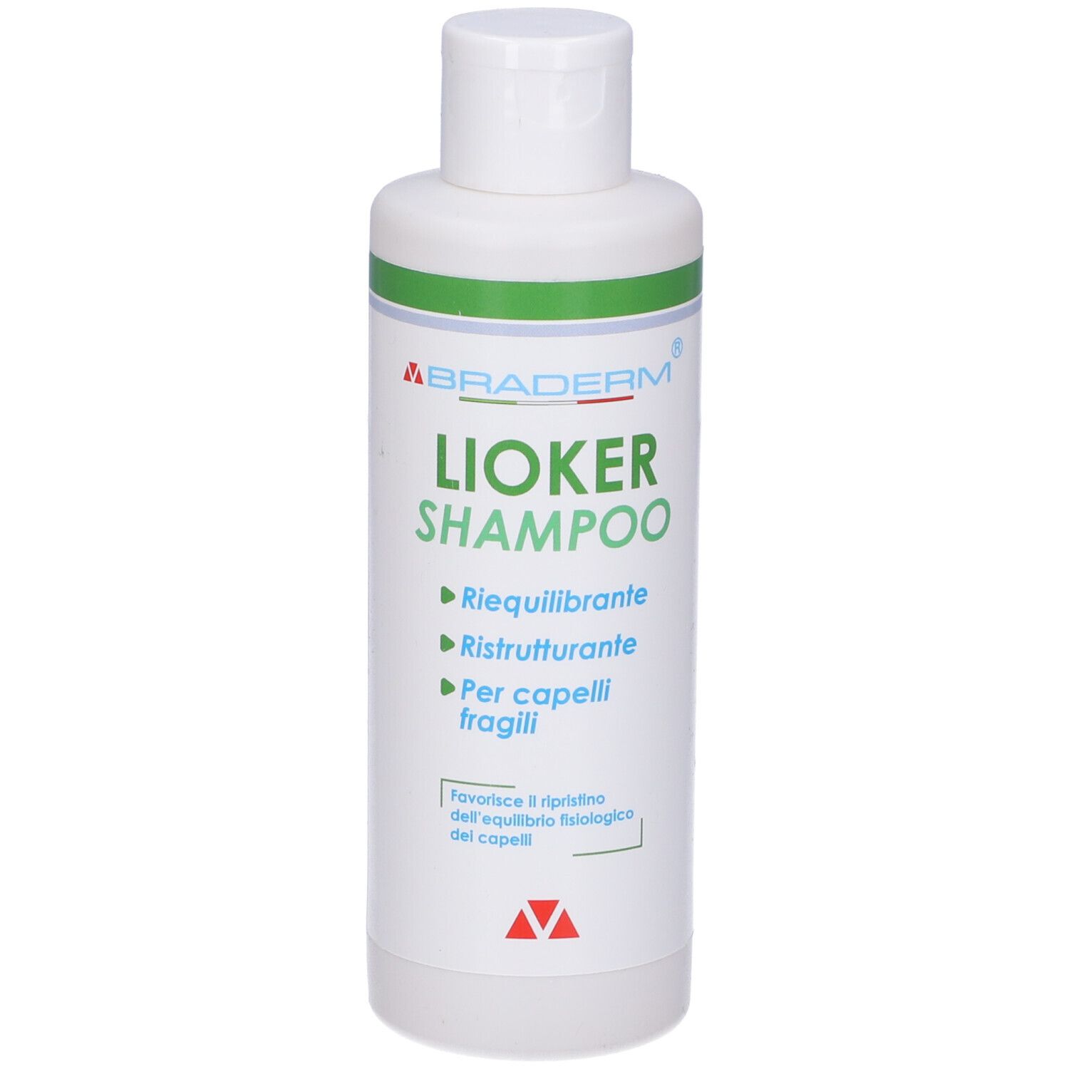 Flacone bianco, tappo bianco. Strisce verdi. Scritto: Lioker Shampoo. Testo in italiano.