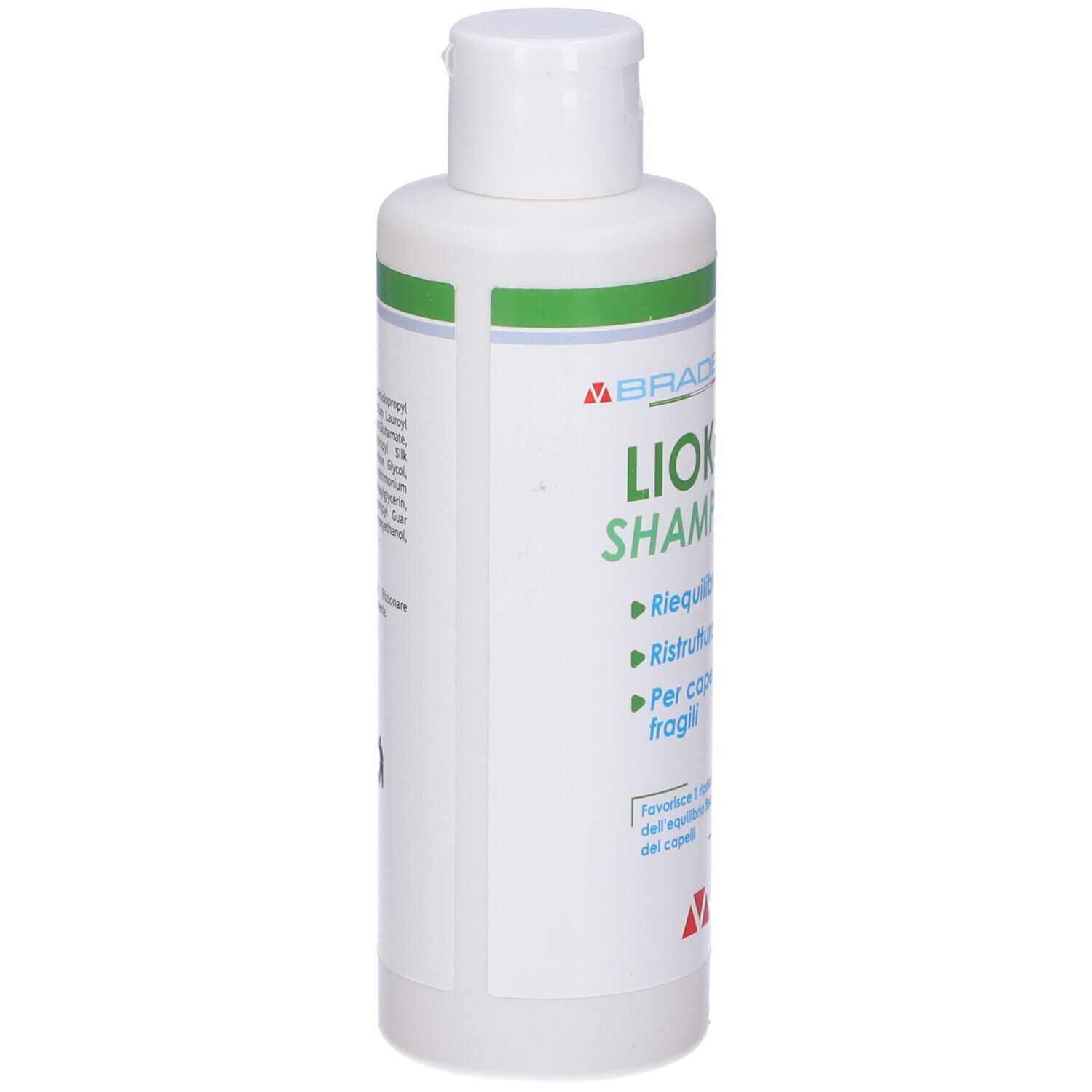 Flacone bianco, tappo bianco. Strisce verdi. Scritto: Lioker Shampoo. Testo in italiano.