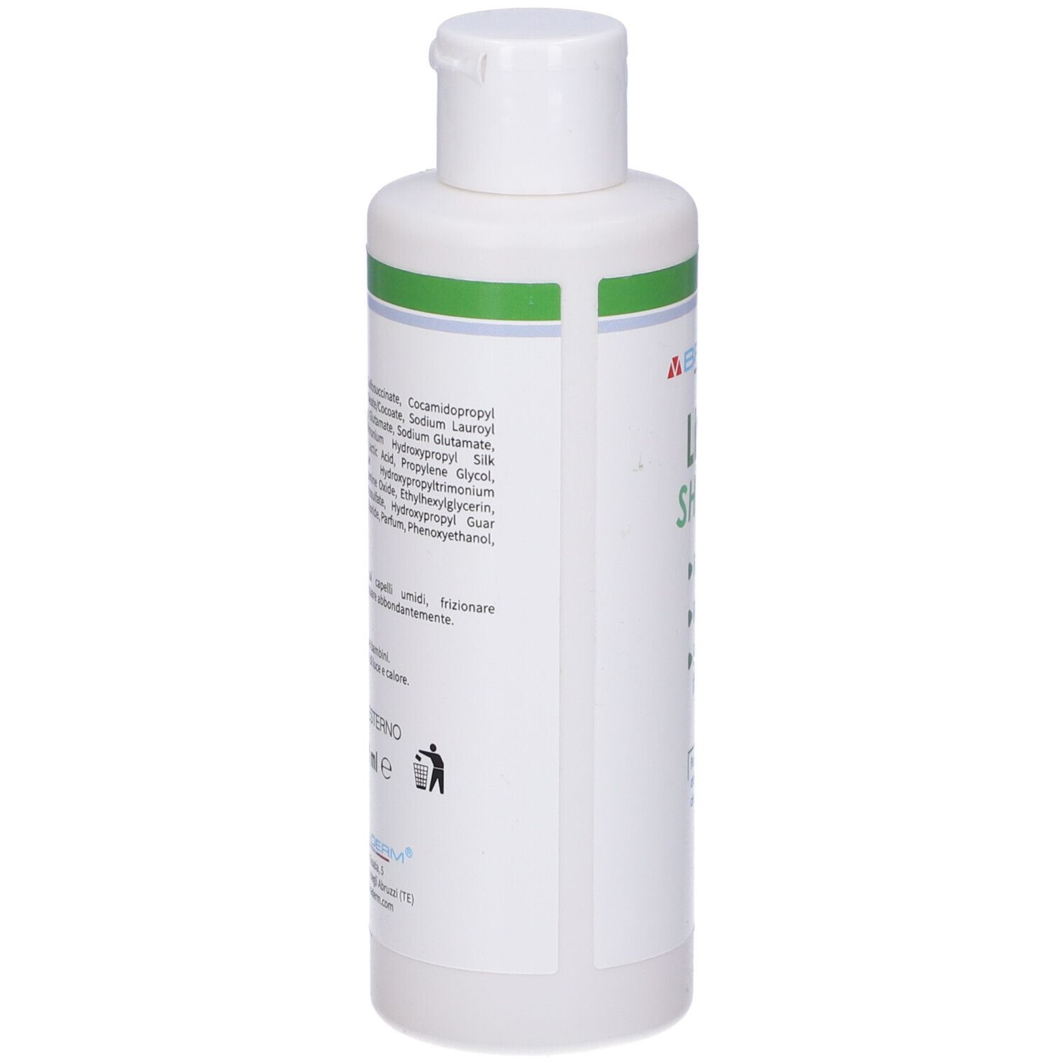 Flacone bianco, tappo bianco. Strisce verdi. Testo in italiano. Elenco ingredienti.