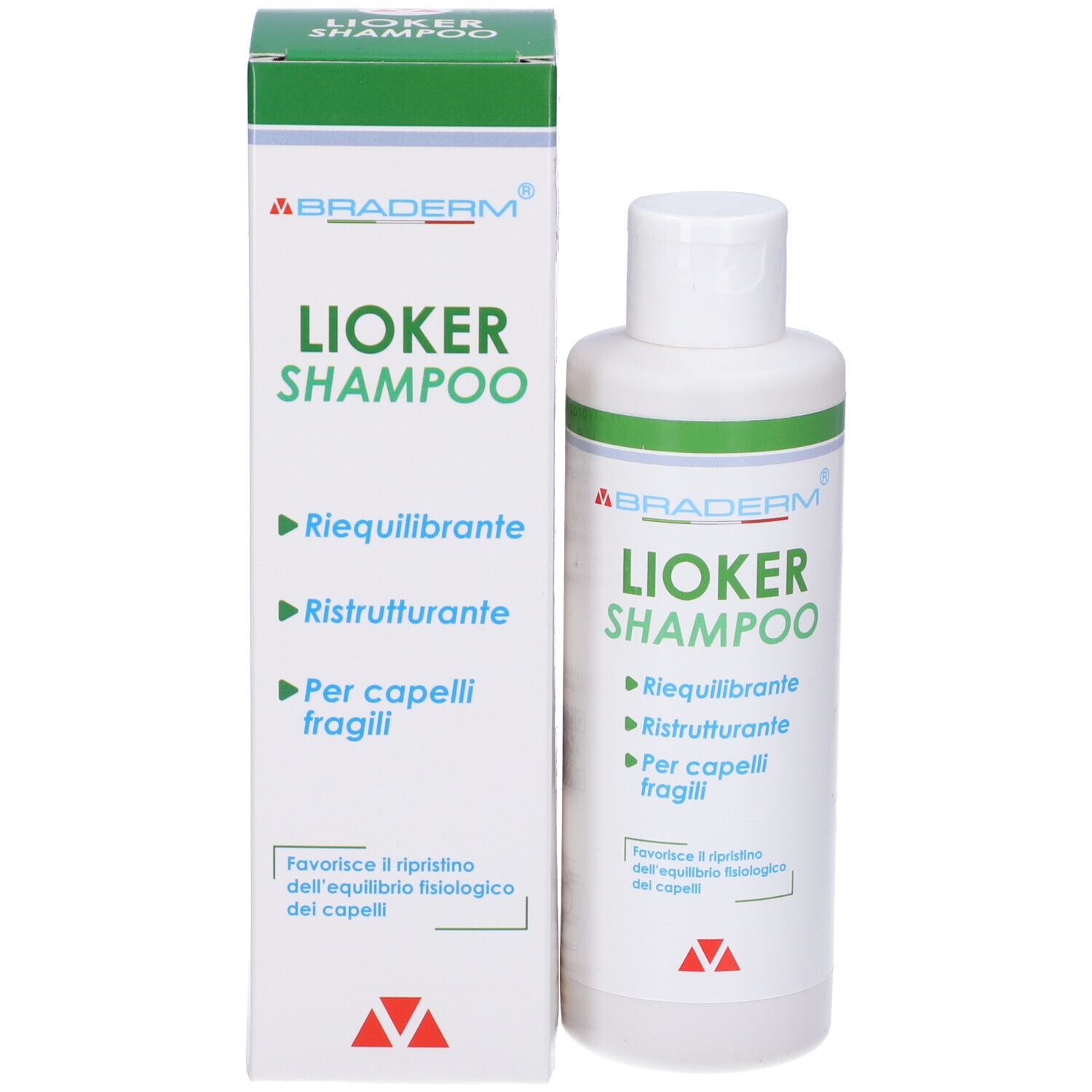 Confezione prodotto: scatola e flacone. Scritto: Lioker Shampoo. Testo in italiano.
