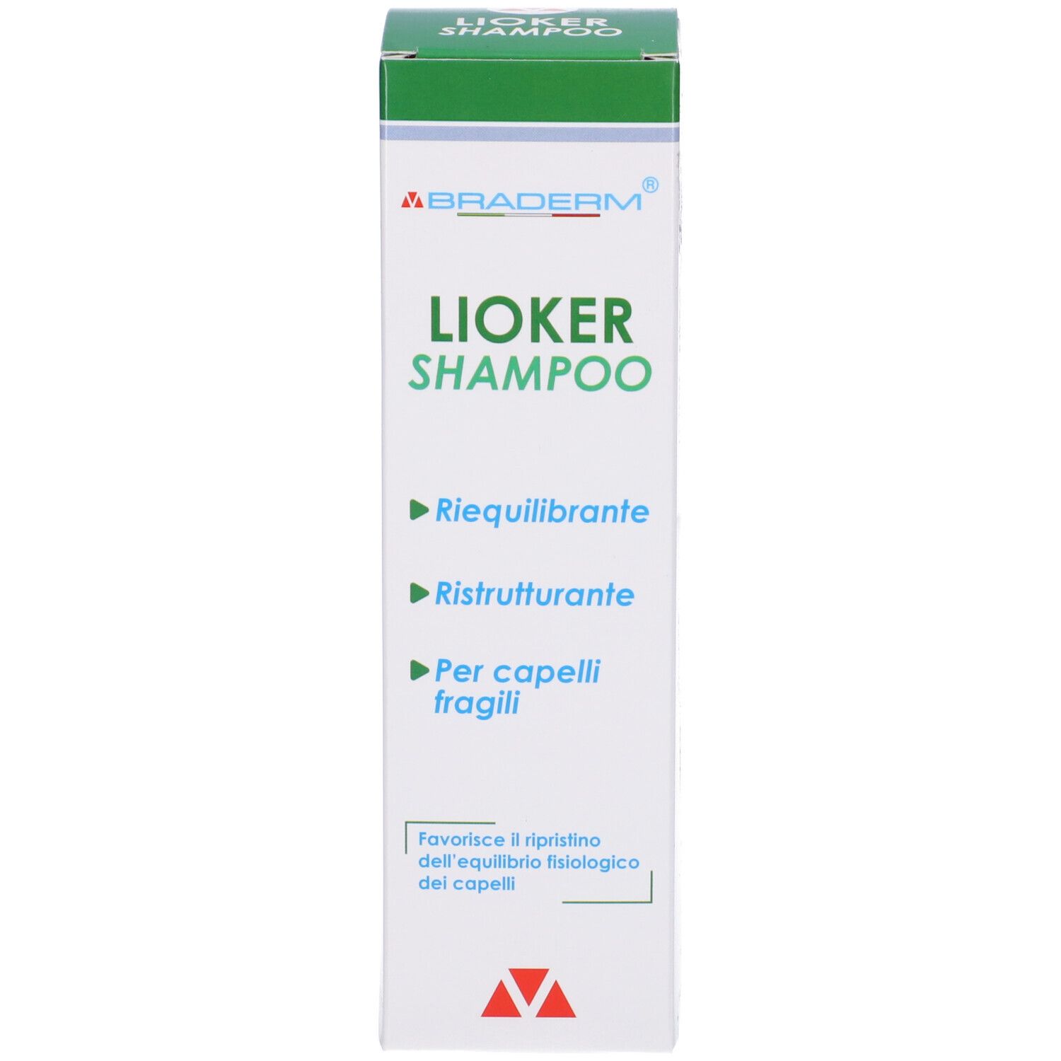 Scatola bianca, coperchio verde. Scritto: Lioker Shampoo. Testo in italiano.