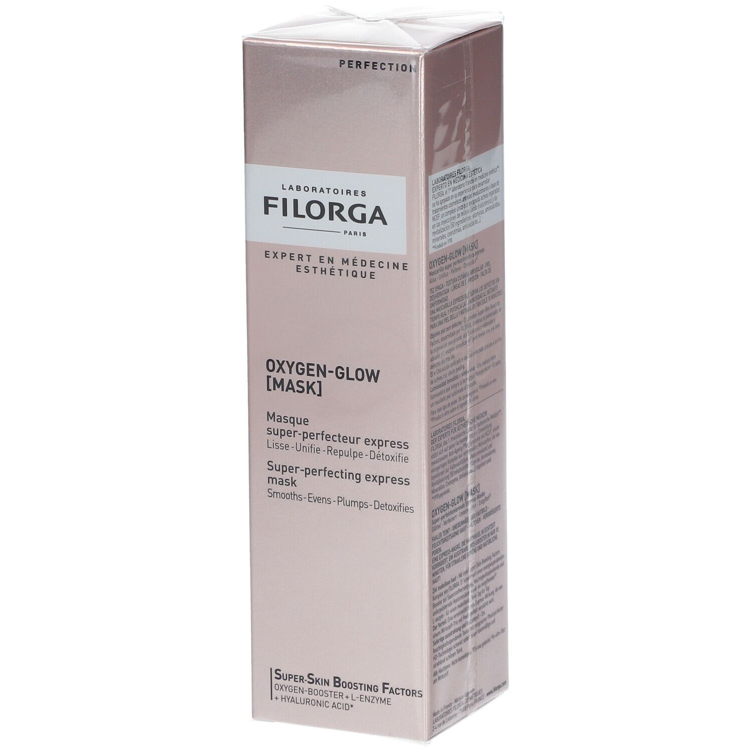 Scatola rosa con informazioni sul prodotto. Scritta: Filorga, Oxygen-Glow [MASK].