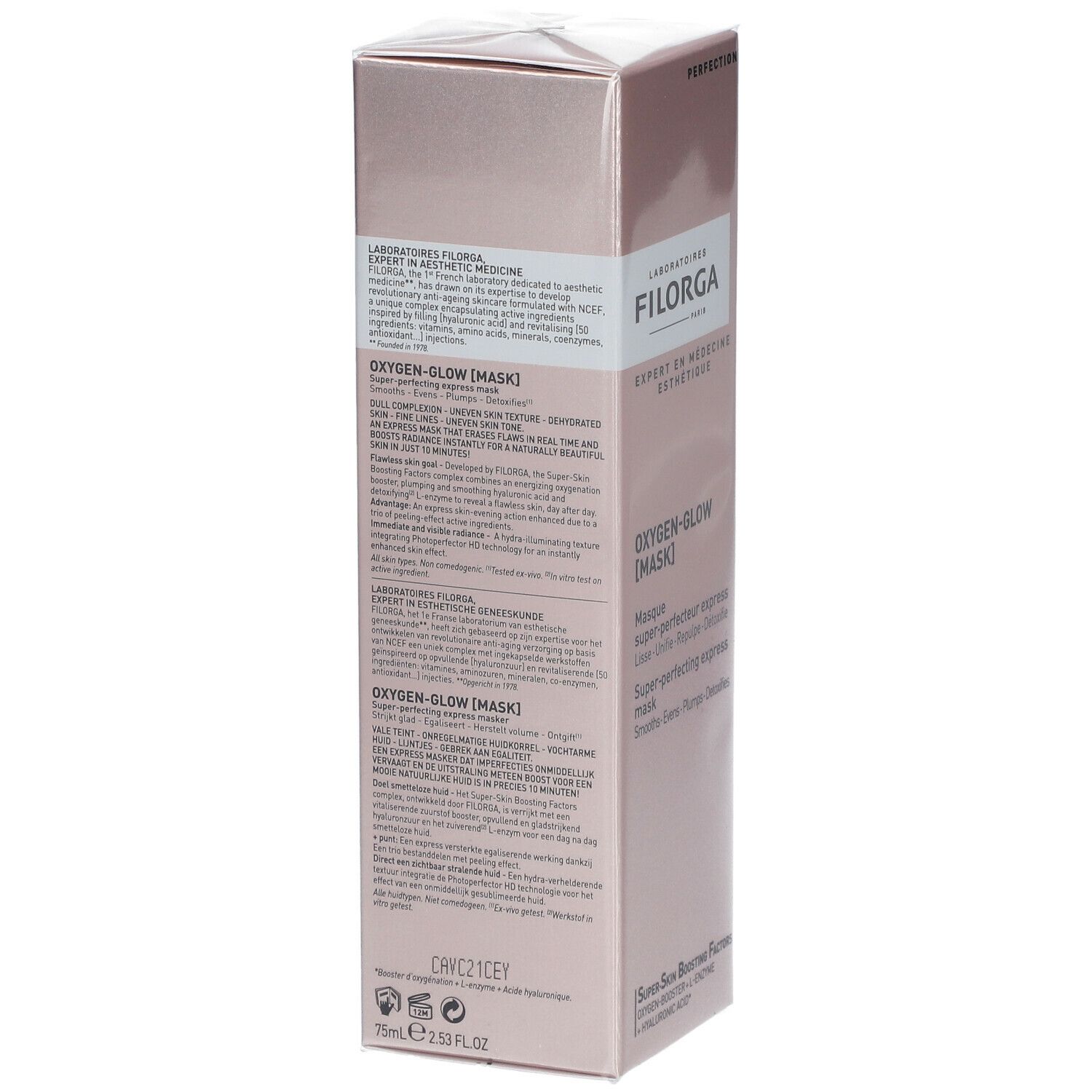 Scatola rosa con informazioni sul prodotto. Scritta: Filorga, Oxygen-Glow [MASK].