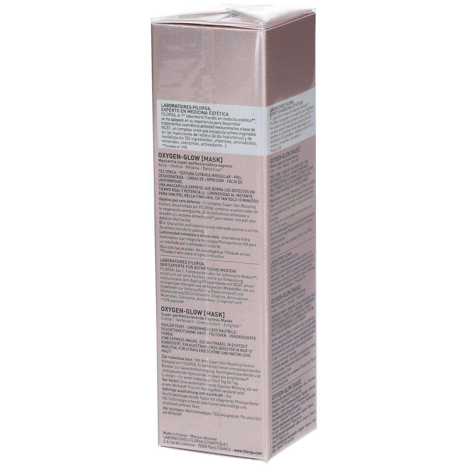 Scatola rosa con informazioni sul prodotto. Scritta: Filorga, Oxygen-Glow [MASK].