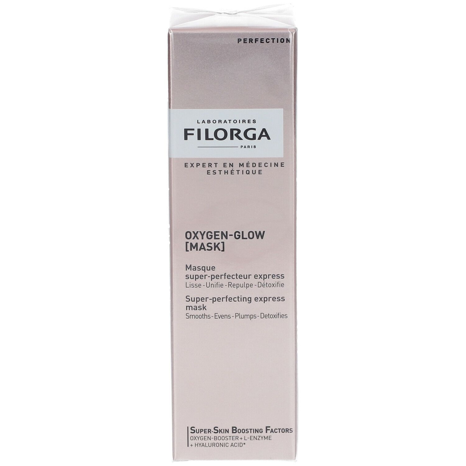 Scatola rosa con informazioni sul prodotto. Scritta: Filorga, Oxygen-Glow [MASK].