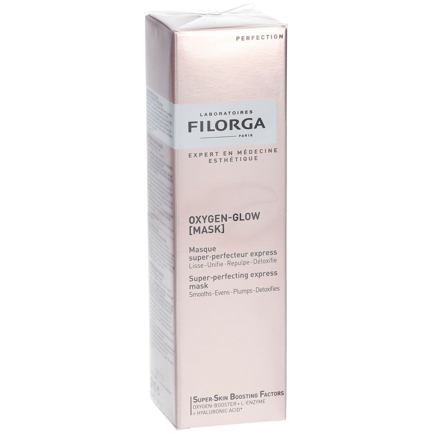 Scatola rosa con informazioni sul prodotto. Scritta: Filorga, Oxygen-Glow [MASK].
