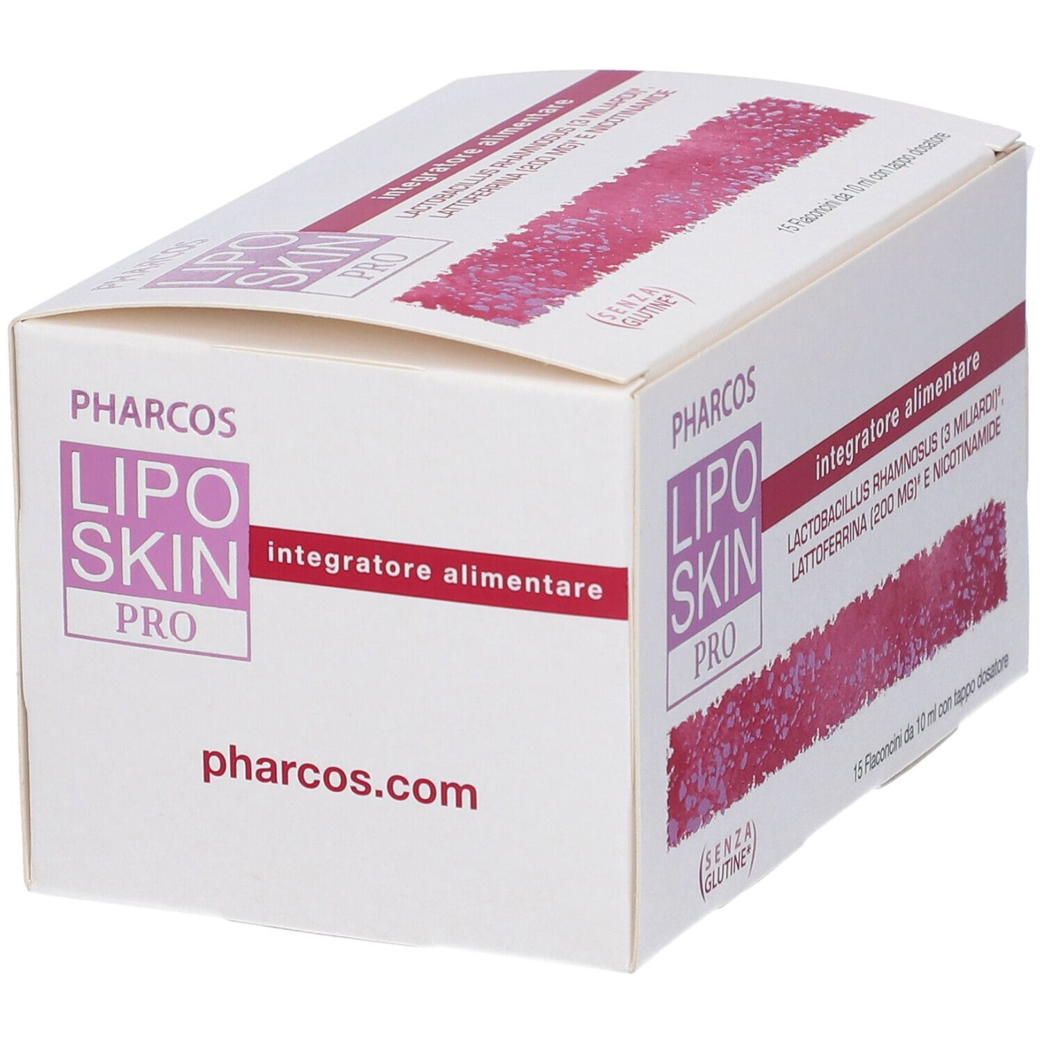Scatola bianca PHARCOS LIPO SKIN PRO. Stampa: 'pharcos.com'. Testo: 'integratore alimentare'.