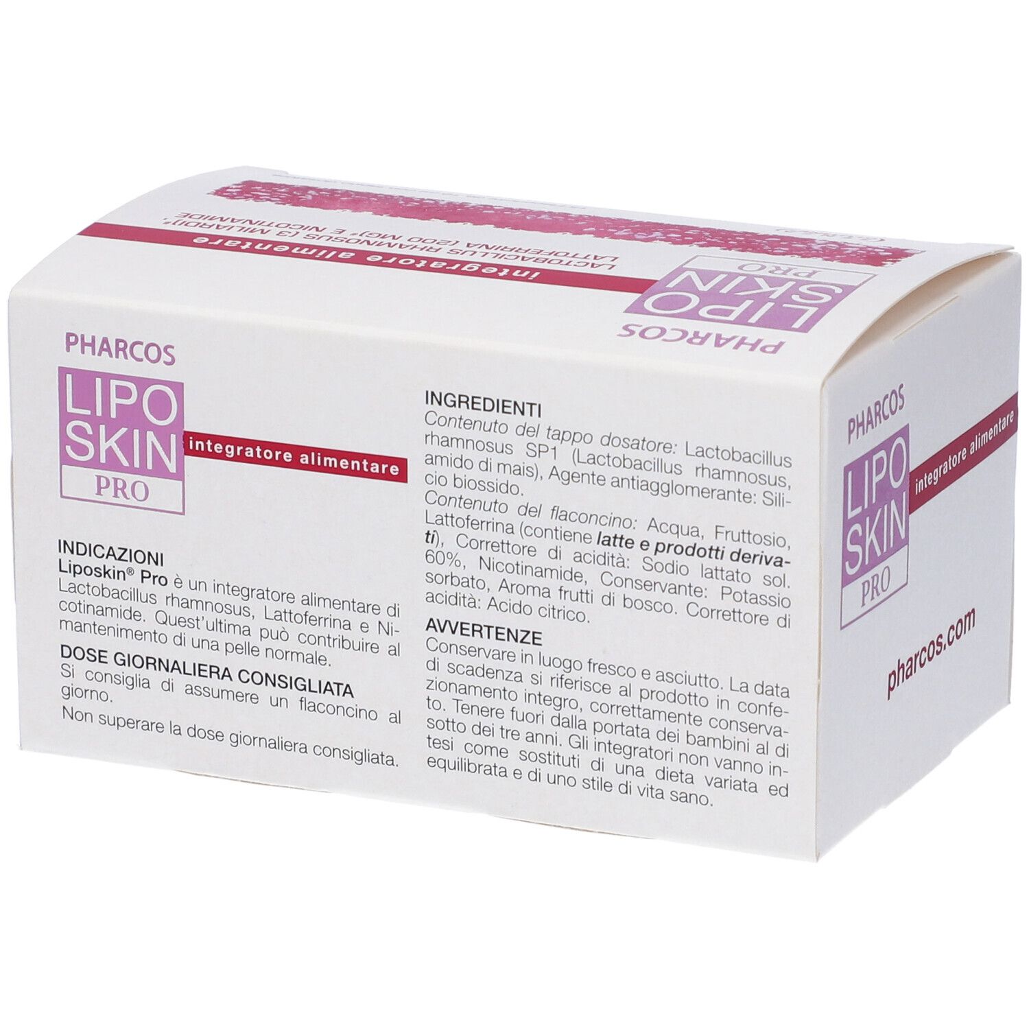 Scatola bianca PHARCOS LIPO SKIN PRO. Retro con ingredienti e istruzioni per l'uso.