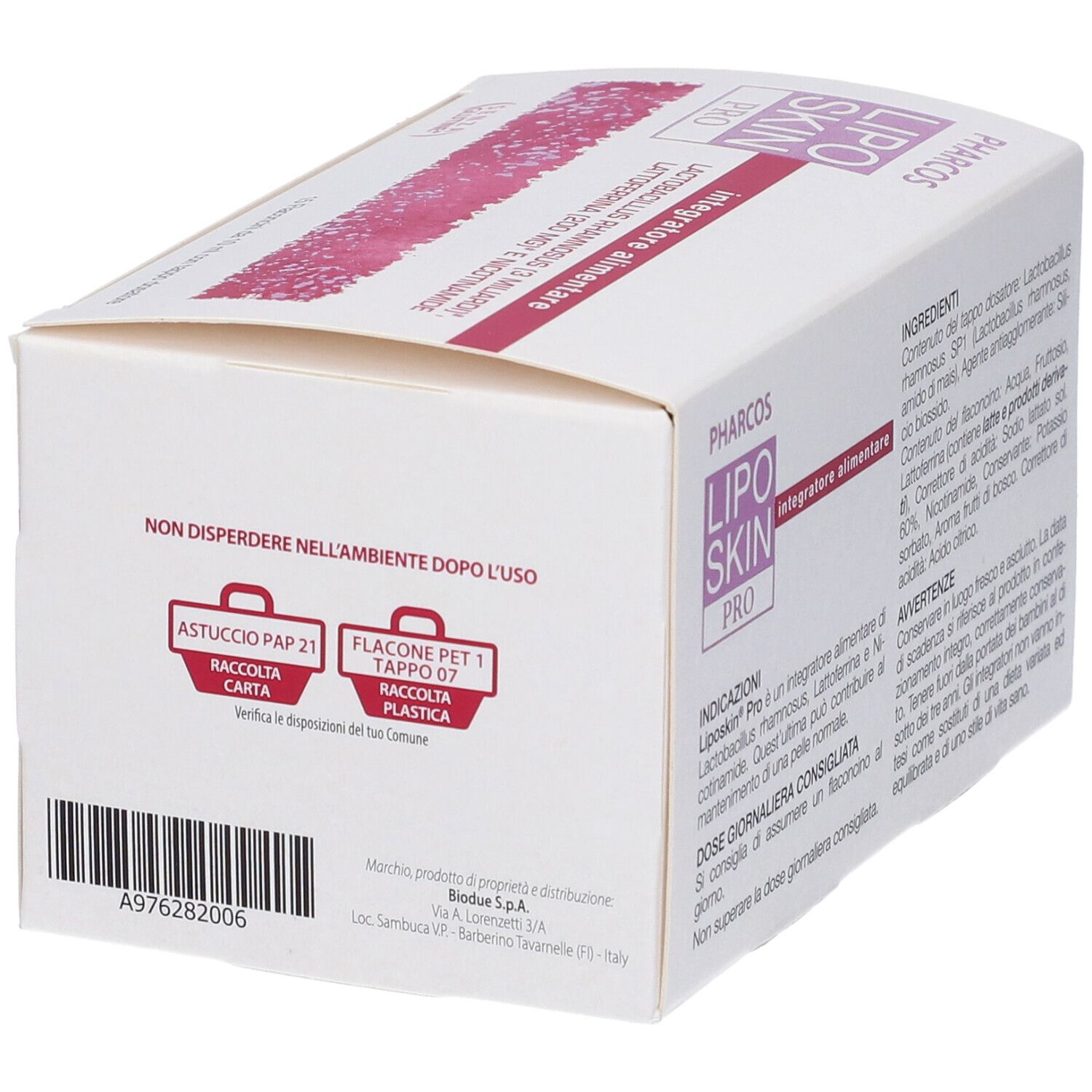 Scatola bianca PHARCOS LIPO SKIN PRO. Stampa: 'NON DISPERDERE NELL'AMBIENTE DOPO L'USO'.