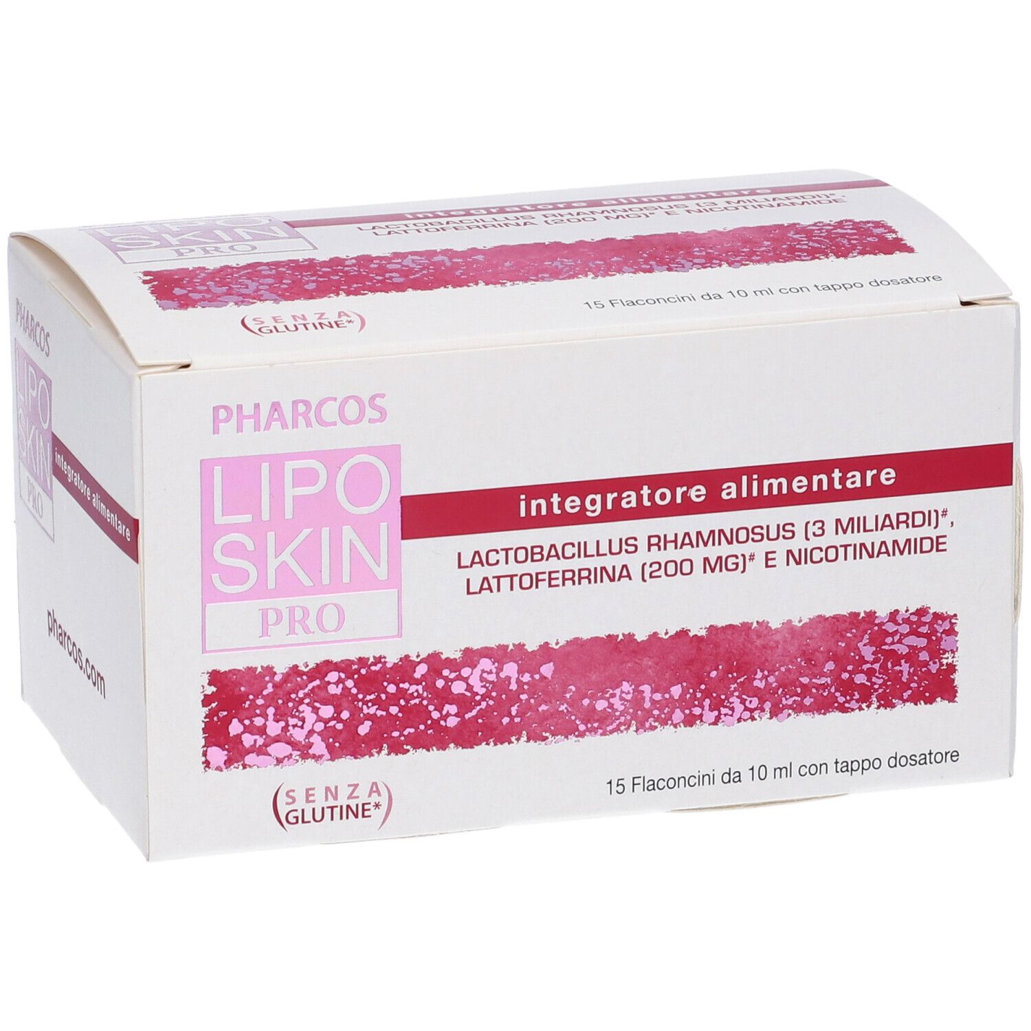 Scatola bianca PHARCOS LIPO SKIN PRO. Contiene 15 flaconi. Testo: 'integratore alimentare' e ingredienti.