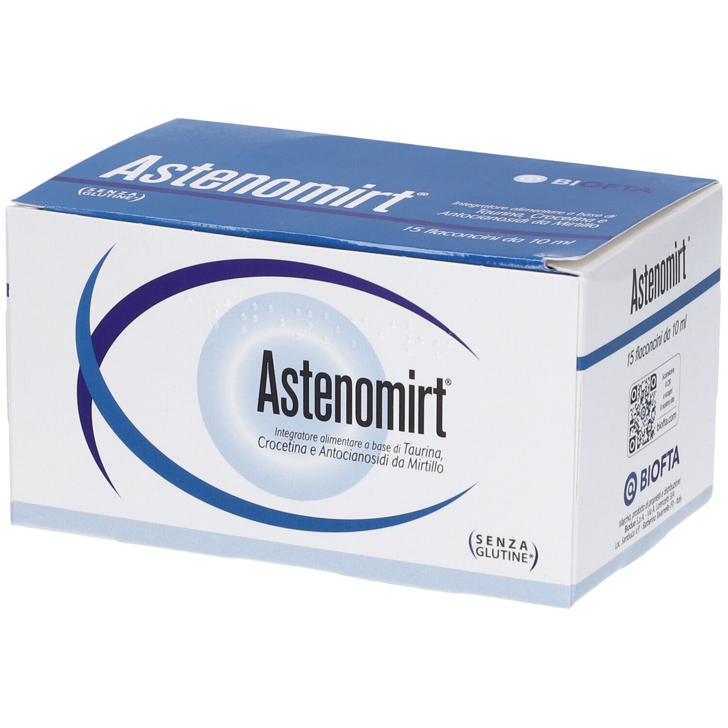 Confezione di Astenomirt, 15 flaconcini. Scatola bianca e blu con nome del prodotto e logo.