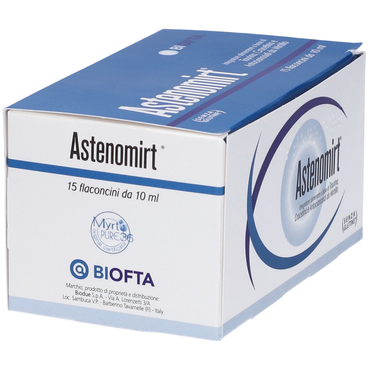 Scatola Astenomirt, 15 flaconcini. Scatola blu e bianca con nome, logo e certificazione.
