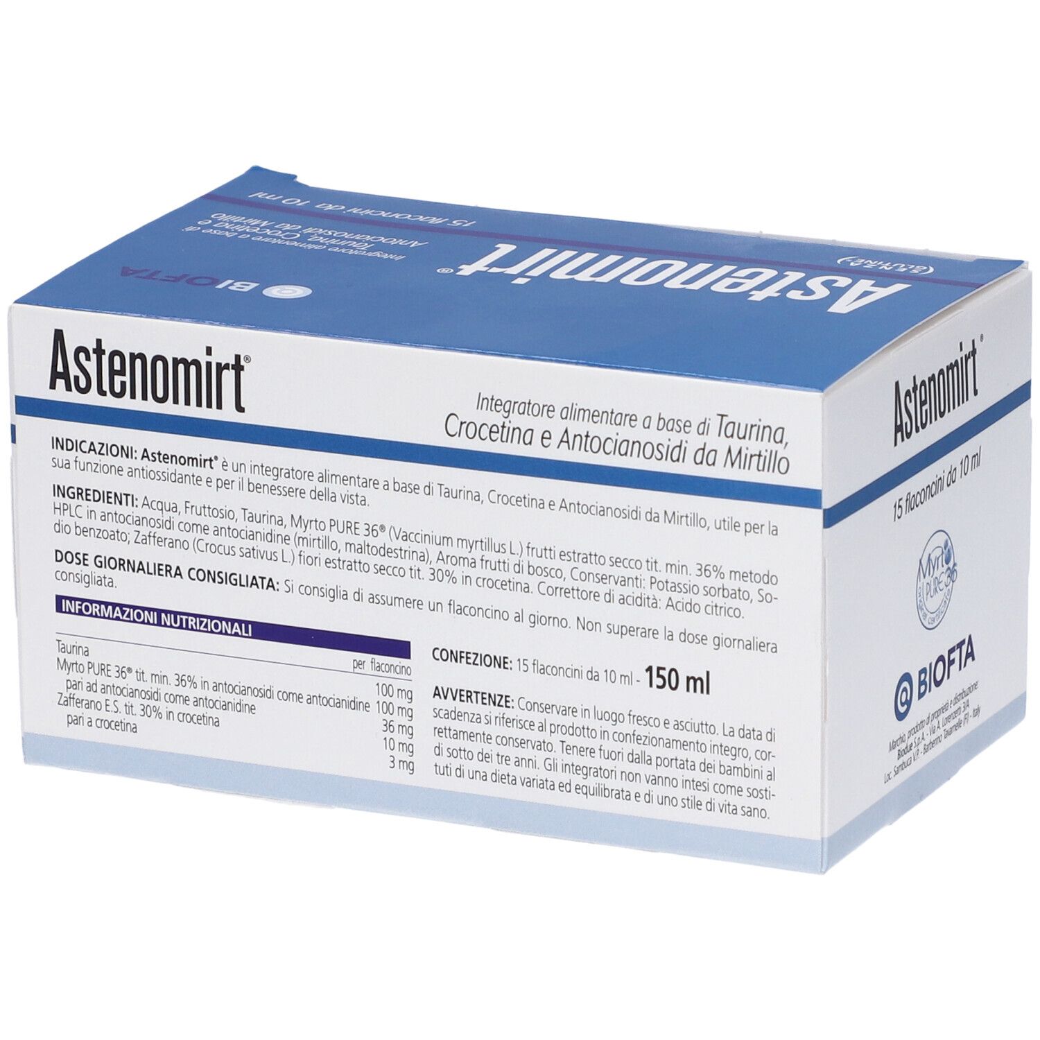 Retro della confezione Astenomirt. Contiene informazioni su ingredienti, dosaggio e produttore.