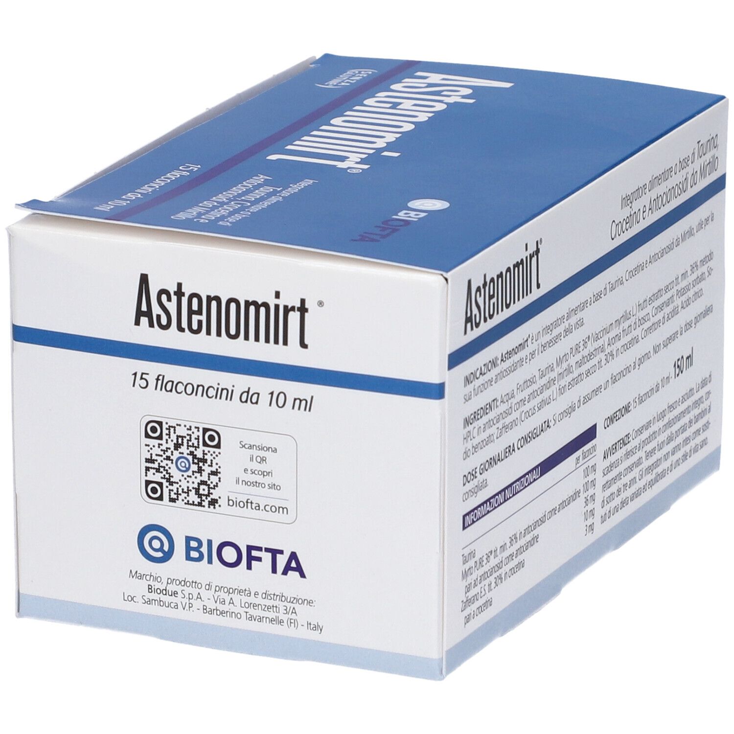 Scatola Astenomirt con coperchio aperto. Contiene informazioni su ingredienti, dosaggio e produttore.
