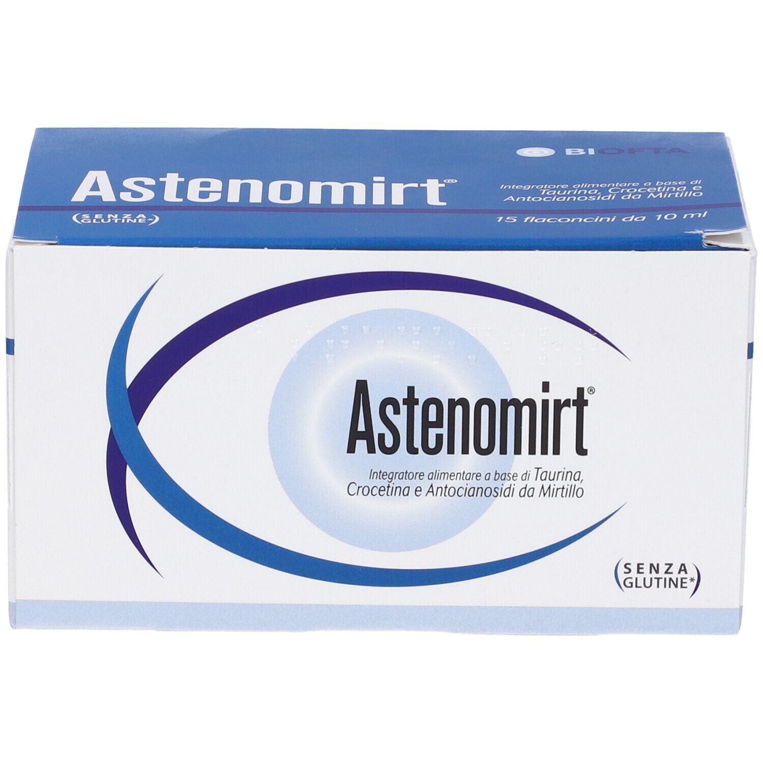 Confezione di Astenomirt, 15 flaconcini. Scatola bianca e blu con nome del prodotto e logo.