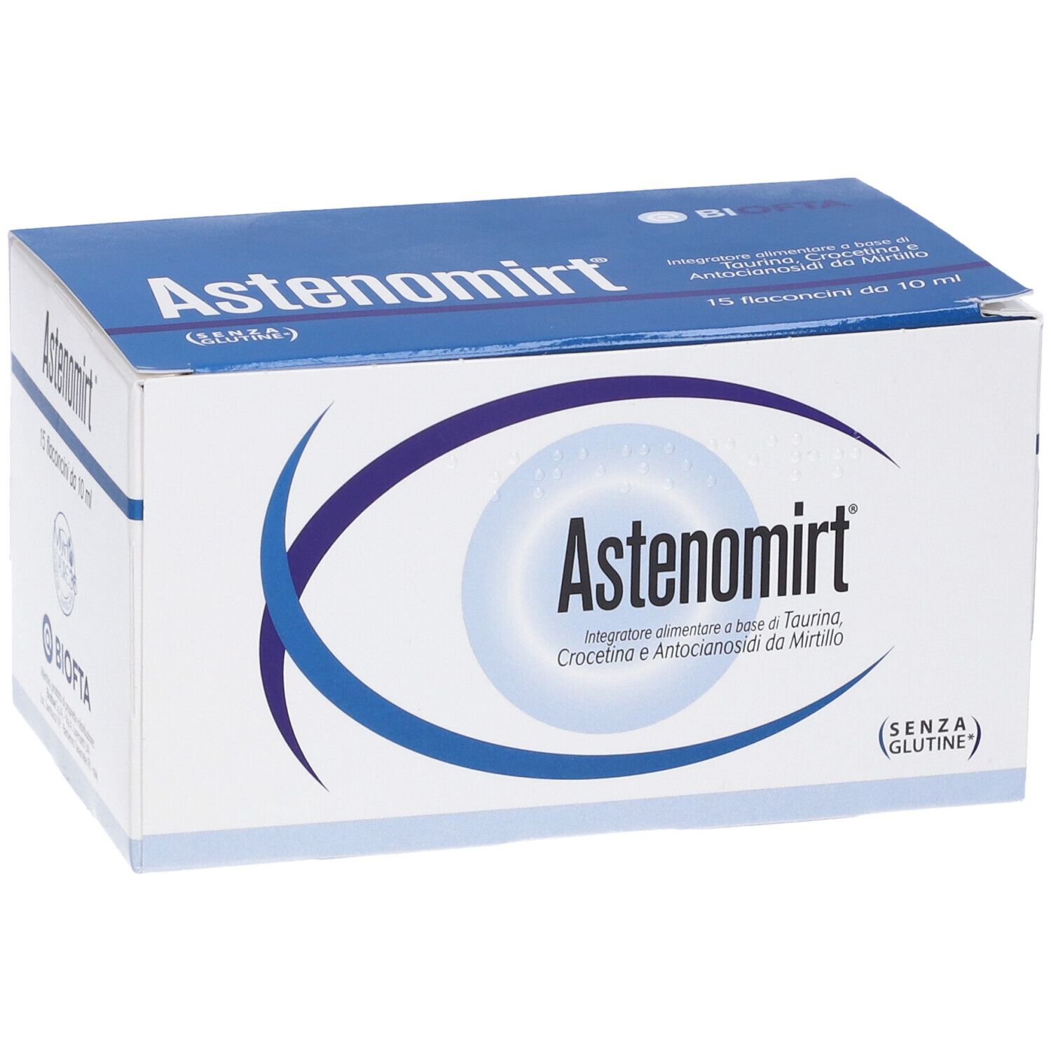 Confezione di Astenomirt, 15 flaconcini. Scatola bianca e blu con nome del prodotto e logo.