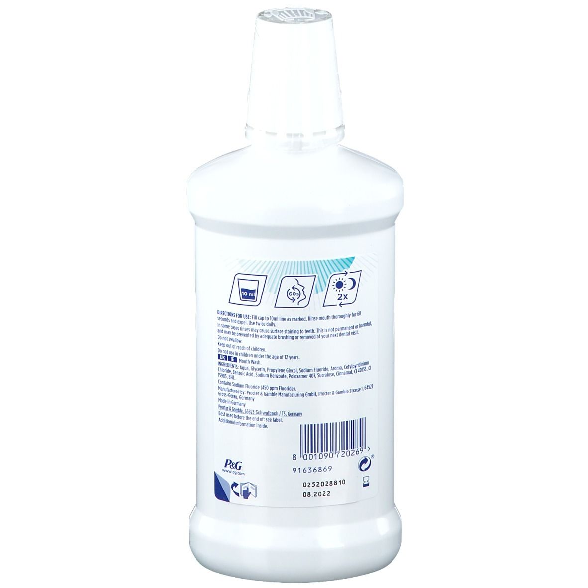 Rückseite einer weißen Flasche. Etikett mit Text und Barcode. P&G Logo.