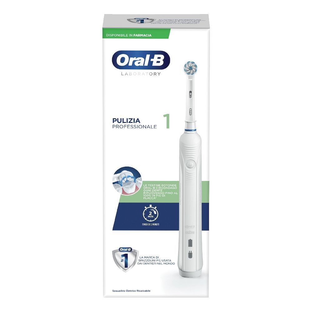 Spazzolino elettrico Oral-B Professional Gumcare 1 in confezione. Scritta: Pulizia Professionale 1. Confezione bianca e verde.