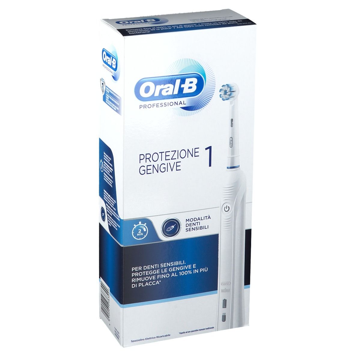 Spazzolino elettrico Oral-B Professional in confezione. Scritta: Protezione Gengive 1. Confezione bianca con dettagli blu.