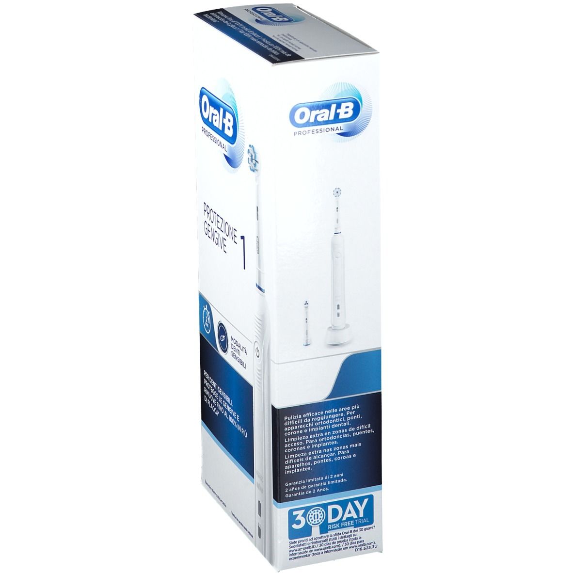 Confezione dello spazzolino elettrico Oral-B Professional. Scritta: Protezione Gengive 1. Confezione bianca con dettagli blu.