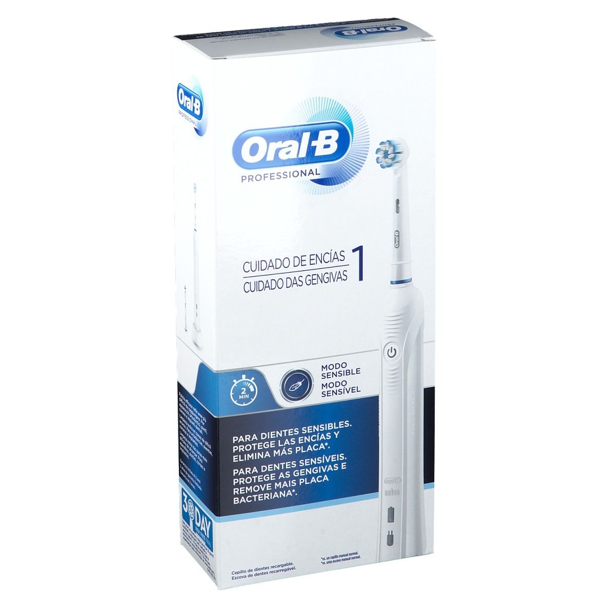 Confezione dello spazzolino elettrico Oral-B Professional. Scritta: Cura delle gengive 1. Confezione bianca con dettagli blu.