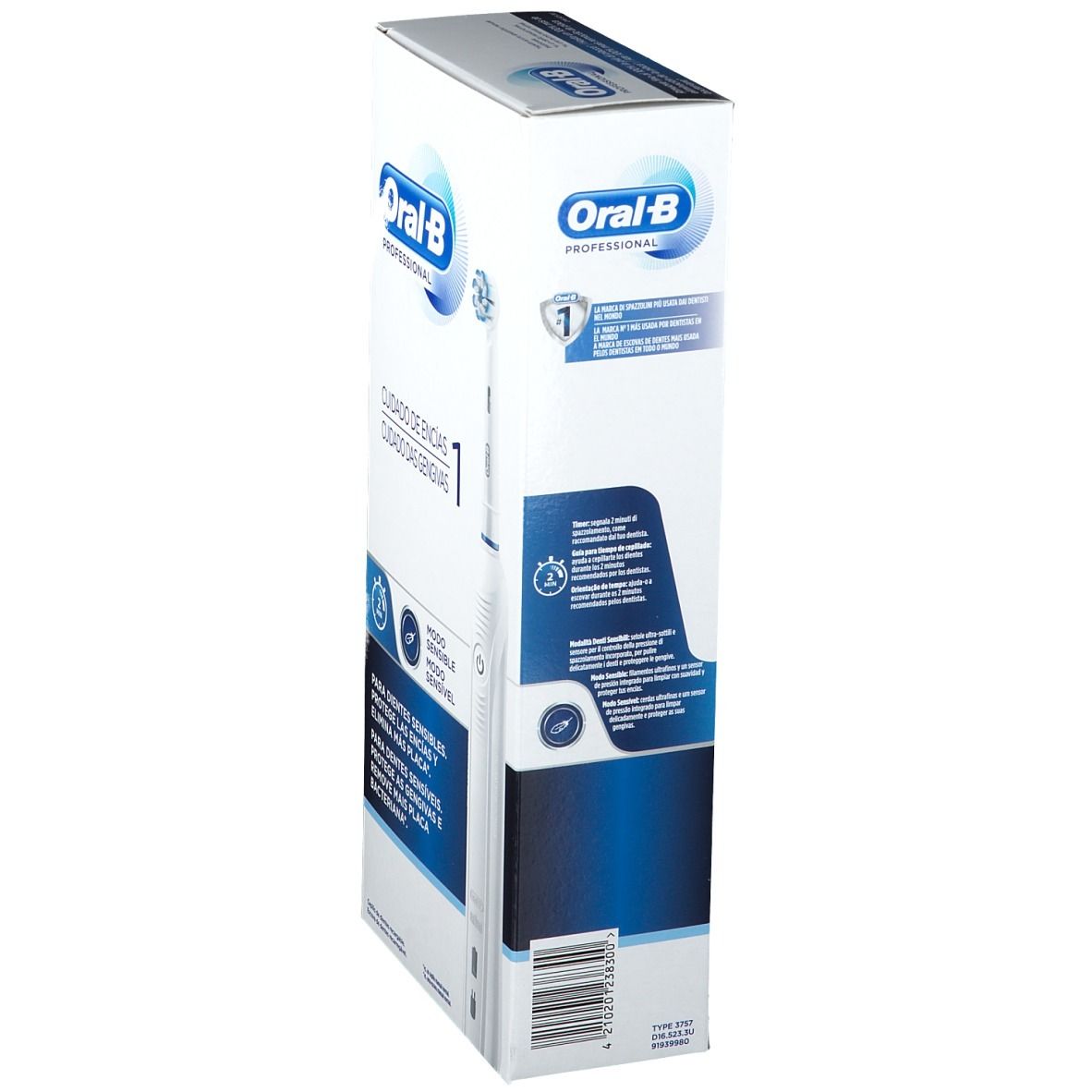 Confezione dello spazzolino elettrico Oral-B Professional. Scritta: Cura delle gengive 1. Confezione bianca con dettagli blu.