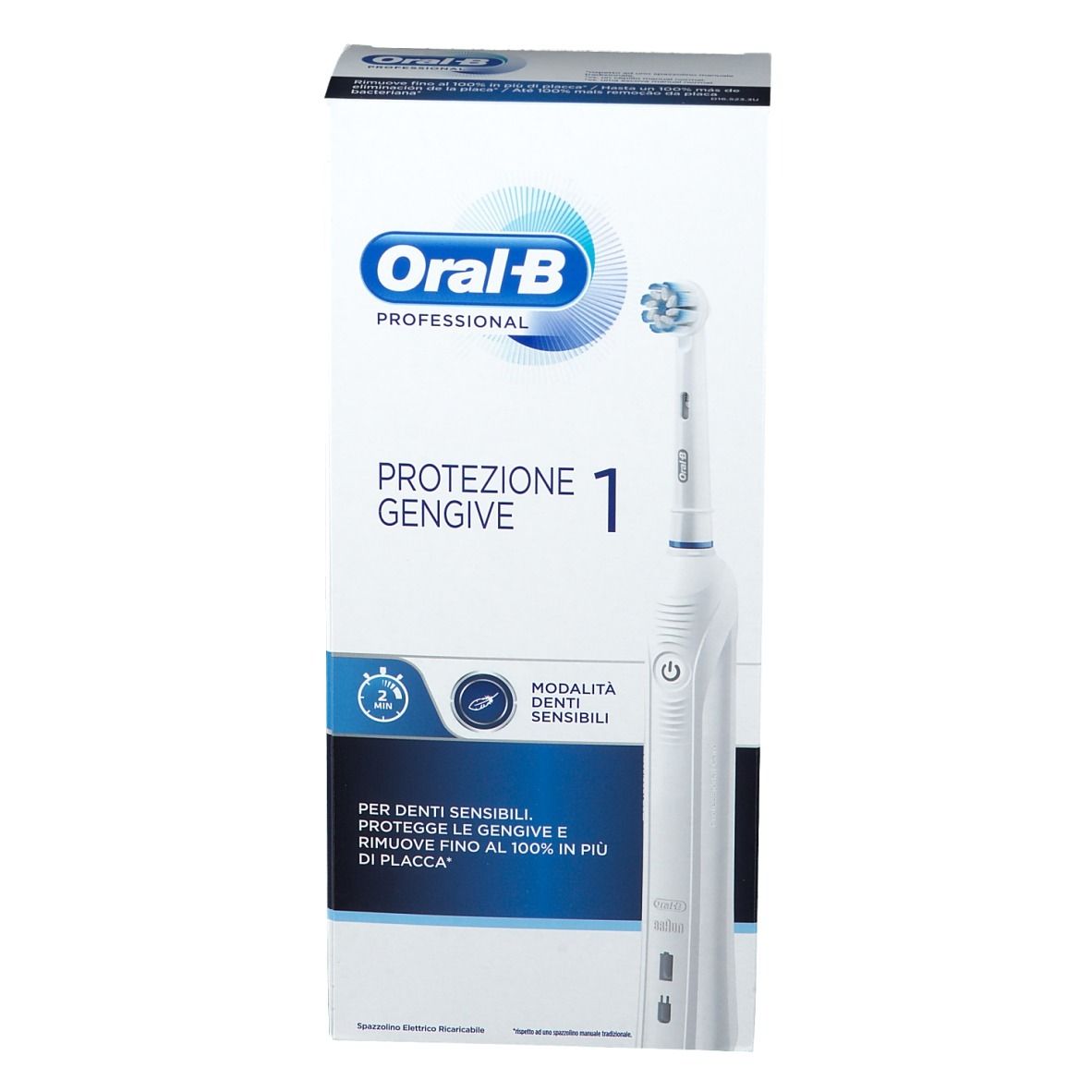 Spazzolino elettrico Oral-B Professional in confezione. Scritta: Protezione Gengive 1. Confezione bianca con dettagli blu.