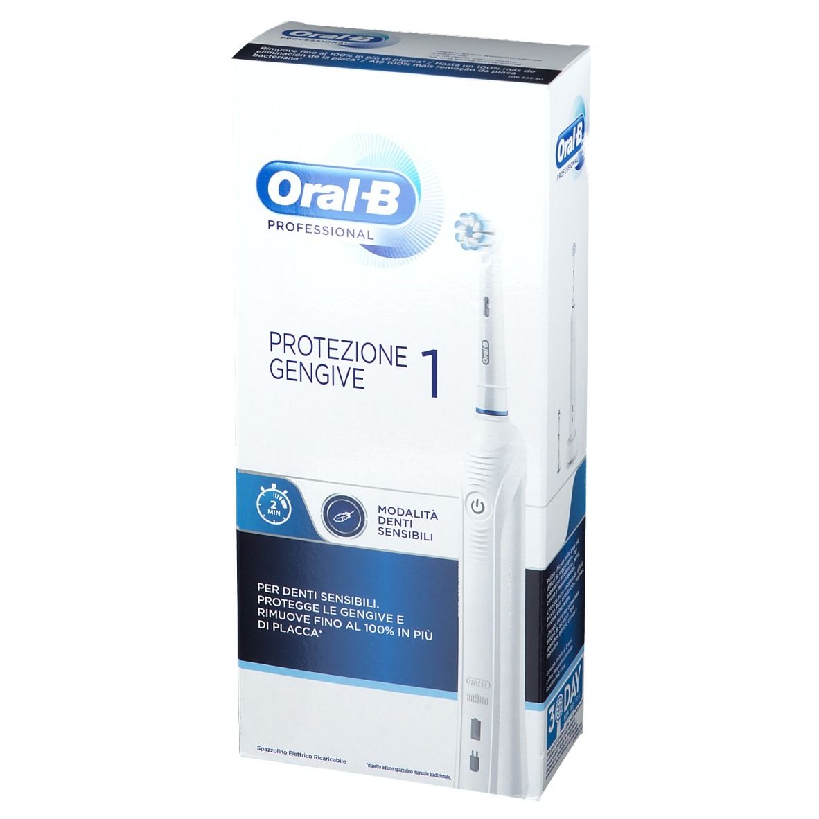 Spazzolino elettrico Oral-B Professional in confezione. Scritta: Protezione Gengive 1. Confezione bianca con dettagli blu.